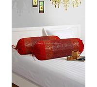 Stylo Culture Oreiller en Tube cylindrique Polydupion Traditionnel Taie De Traversins Bordure de Brocart Jacquard Rouge Paisley Housses de Coussin cylindriques à Grand canapé Rond (Lot de 2)