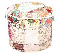 Stylo Culture Ottoman Pouffe Siège Ottoman Couverture Grand Blanc Brodé Ethnique Coton Patchwork Traditionnel Pouf Tissu Pouf (22x22x13 Pouces) 55cm