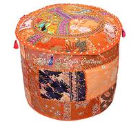 Stylo Culture Pouf Siège Vintage Couverture Orange Indien Brodé Patchwork Coton Traditionnel Tissu Rond Pouf Ottoman Couverture (16x16x13 Pouce) 40cm