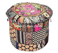 Stylo Culture Pouf Siège Vintage Grande Couverture Pouf de Couverture de Couverture Noir Ethnique Brodé Patchwork Coton Traditionnel Tissu Rond Pouf Ottoman Couverture (22x22x13 Pouces) 55cm