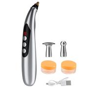 Stylo d'acupuncture rechargeable Pulse Meridian Energy, 3 têtes de massage, 9 niveaux d'intensité, thérapie par la lumière rouge, gel conducteur, soulagement de l'inconfort, argent