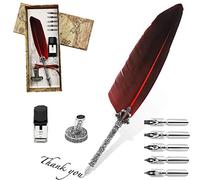Stylo Dip à Plume, Plume d'oie à Encre, Set de Calligraphie Vintage avec avec 5 Plumes de Rechange, Encre, Porte-stylo (rouge)