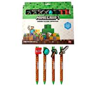 Puckator Lot de 8 stylos effaçables avec outils Minecraft et décoration en silicone - Stylos à encre gel effaçables - Stylos avec gomme en caoutchouc pour enfants, bureau, écriture et dessin