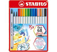 Stylo feutre premium avec pointe pinceau pour une épaisseur de trait variable - STABILO Pen 68 brush - étui métallique de 15 - avec 15 couleurs différentes