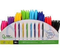 Stylo Liderpapel rétractable avec clip finition soft touch pointe 1 mm, présentoir de 96 unités, couleurs assorties.