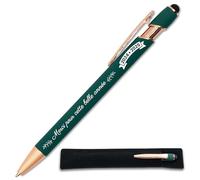 Stylo Merci pour cette année 2024-2025 - Idée cadeau fin d'année scolaire Maitresse, Atsem, collègue - Stylo tactile personnalisé gravé en métal + étui tissus (Vert profond)