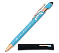 Stylo Merci pour cette année 2024-2025 - Idée cadeau fin d'année scolaire Maitresse, Atsem, collègue - Stylo tactile personnalisé gravé en métal + étui tissus (Bleu clair)
