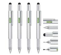Stylo Multitool Pen 4 Pièces avec Recharges Supplémentaires, Stylo Métal Multifonction 6 en 1 avec Règle et Jauge de Niveau, Gadget Cool pour Homme, Cadeau pour Mari Papa Père (Argent)
