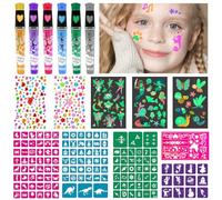 Stylo Paillettes Tatouage Enfant Fille, Kit Tatouage Enfant avec 6 Stylo Paillette, 148 Stencil, 230 Strass Autocollant, 47 Tattoo Fluorescent, Cadeau Fille 3 4 5 6 7 8 9 Ans