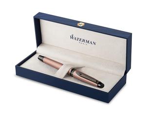 Stylo Plume Waterman Expert | Laque couleur or rose métallisée avec finitions ruthénium | Plume moyenne en acier inoxydable avec revêtement PVD | Encre bleue | Étui cadeau