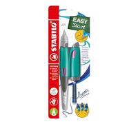 Stylo scolaire ergonomique pour droitiers avec ressort pour débutants A - STABILO EasyBirdy en turquoise/rose fluo - stylo simple - cartouche et outil de réglage inclus - couleur d'écriture bleue