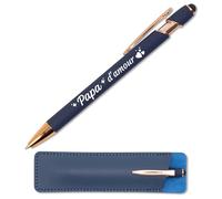Stylo tactile gravé Papa d'amour Bleu profond Cuivré avec étui en cuir - Idée cadeau fête des pères original - Stylo métal 2 en 1 personnalisé, gravure française