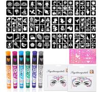Stylo Tatouage Enfant, Kit Tatouage Paillettes Enfant Fille avec 6 Paillettes Stylo, 16 Tatouage enfant Stencil, 2 Strass Autocollant Visage, Cadeau Fille 3 4 5 6 7 8 9 10 Ans