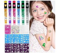 Stylo Tatouage Enfant, Kit Tatouage Paillettes Enfant Fille avec 6 Paillettes Stylo, 9 Stencil, 330 Diamant Jolies, Cadeau Fille 3 4 5 6 7 8 9 10 Ans