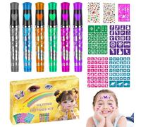 Stylo Tatouage Paillette, 13 Pièces Tatouage Temporaire Enfant Paillettes Stylo Gel à Paillettes Tatouages 6 Stylos de Tatouages avec 5 Pochoirs 2 Autocollants en Diamant pour Halloween Noël Fête