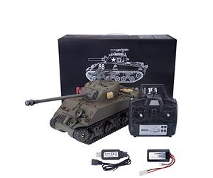 Stylomira Char moyen RC US M4A3 Sherman 1:16, modèle de véhicule militaire télécommandé avec boîte de vitesses en acier, fumée, son, lumière, bataille infrarouge, baril rétractable