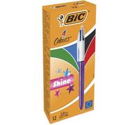 Stylos-Bille - BIC - 4 Couleurs Shine - Pointe Moyenne 1,0 mm - Corps Violet Métallisé - Boîte de 12