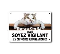 stylx design Plaque métal aluminium Plaque de rue humoristique Bienvenue chez moi Chat soyez vigilant j'ai dressé mes humains à mordre Fête des pères, fête des mères
