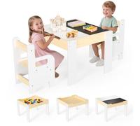 STYPLZ 4 en 1 Table Enfant avec 2 Chaises, Montessori Table Enfant, Tableau Noir Inscriptible, Espace de Rangement, Bords Arrondis, Structure en Bois Solide, pour Manger, Etudier et Jouer, 2-8 Ans