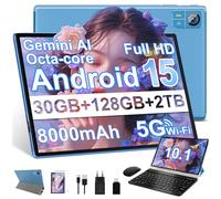 SUAAT 2026 Tablette Android 15 30Go RAM+128Go ROM + TF 2To 10 Pouces,Gemini AI,Octo-Core, 8000mAh,GPS,Corps intégré en métal, 5MP+8MP, WiFi 5G& BT 5.0, Widevine L1 Tablet avec Clavier et Souris-Bleu