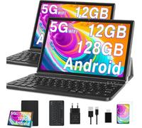 SUAAT Tablette 10 Pouces Android avec 12Go RAM + 128Go ROM (2To TF), 5G/2.4G WiFi, Quad-Core, GPS, Bluetooth 5.0, 8MP + 5MP, Type C, Tablette Tactile avec étui, Clavier et Souris - Noir