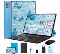 SUAAT Tablette Android 15 avec 64 Go de ROM + 2 To TF, 10,1 pouces, WiFi 6, Bluetooth 5.0, Double Caméra 8+5MP, 1280 * 800 HD, Cast, OTG, Type C, avec Housse, Clavier et Souris - Bleu