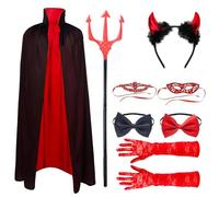 Suaflny Deguisement Diable Femme 8 Pièces Costume de Diable pour Femme, Costume d'Halloween pour Femme, Cornes de Diable, Costume Halloween Femme Demon, Cape de Diable avec Trident de Diable
