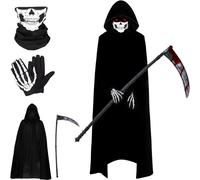Suaflny Déguisement faucheur, Costume d'halloween, Halloween Capuche Cape Noire avec Halloween Faucille Masque d'horreur et des Gants de crâne pour halloween Décoration Faucheuse (B)