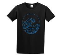 SUAN MEI ROU Blue Ocean Wave Print Cotton Round Neck Shirt for Men Black M
