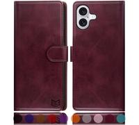 Suanpot compatible iPhone 16 6,1" porte-cartes de crédit blocage RFID, étui de protection rabattable en cuir synthétique pour homme et femme Apple 16, rouge vin