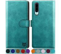 SUANPOT Coque pour Huawei P30 [RFID Blocage] [Magnétique Protection] Fentes pour Cartes Etui Portefeuille Premium en Cuir PU Bleu Vert