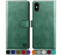 SUANPOT Coque pour iPhone X/XS 5,8 Pouces [RFID Blocage] [Magnétique Protection] Fentes pour Cartes Premium en Cuir PU Portefeuille Vert Clair