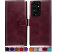 SUANPOT Etui Coque pour Samsung Galaxy S21 Ultra [RFID Blocage] [Magnétique Protection] Fentes pour Cartes Protection Etui Housse Premium en Cuir PU,Samsung S21 Ultra Etui Portefeuille Vin Rouge