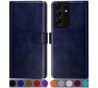 SUANPOT Coque pour Samsung Galaxy S21 Ultra [RFID Blocage] [Magnétique Protection] Fentes pour Cartes Protection Housse Premium en Cuir PU pour Samsung S21 Ultra Portefeuille Bleu