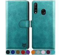 SUANPOT Etui Coque pour Huawei P30 Lite [RFID Blocage] [Magnétique Protection] Fentes pour Cartes Protection Etui Housse Premium en Cuir PU,Huawei P30 Lite Portefeuille Bleu Vert