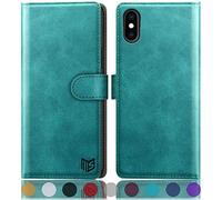 SUANPOT Etui Coque pour iPhone X/XS 5,8 Pouces [RFID Blocage] [Magnétique Protection] Fentes pour Cartes Protection Etui Housse Premium en Cuir PU pour Apple X/XS Etui Portefeuille Bleu Vert