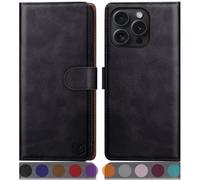 SUANPOT Étui de protection RFID pour iPhone 16 Pro Max - En cuir synthétique, à rabat, avec compartiment pour cartes - Noir