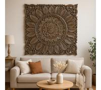 Suar Tableau mural en bois massif - Motif mandala - 120 x 120 cm - Sculptée à la main - Décoration murale asiatique d'Indonésie - Art mural ethnique pour salon, chambre à coucher, couloir