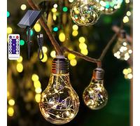 SUAVER Guirlande Solaire Exterieur,Guirlande Lumineuse Rétro Corde Chanvre avec télécommande/Chargement USB,Ampoules LED Guirlande Lumineuse Solaire pour Terrasse,Jardin Decoration(5m 10 Ampoules)