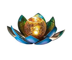 SUAVER Lampe solaire LED en forme de lotus en forme de boule de verre craquelé - Décoration de jardin - Lanterne solaire en métal - Nénuphar - Lampe de table d'extérieur (bleu)