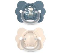 Suavinex, Lot 2 Sucettes Bébé 6/18 Mois, Tétine Symétrique SX Pro en Silicone, Réversible, Plate et Flexible, Respecte le Développement Buccodentaire, avec Anneau, Évite Irritations, Beige + Bleu