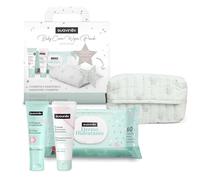 Suavinex, Cadeau bébé nouveau-né, panier bébé avec porte-lingettes en tissu avec crème pour la couche - pommade protectrice réparatrice + crème visage + lingettes dermohidratantes, bleu