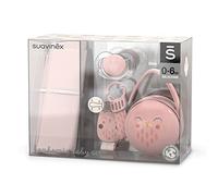 Suavinex, Cadeau Naissance Bébé. Contient : Mousseline de Coton + Sucette avec Tétine Symétrique SX Pro 0-6 Mois + Attache Sucette + Boîte à Sucettes. Bonhomia, Rose