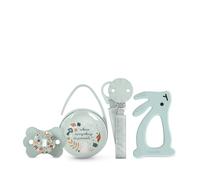 Suavinex, Cadeau Naissance, Coffret Cadeau Bébé avec : Sucette avecTétine Symétrique SX Pro 0-6 Mois + Attache Sucette + Boîte à Sucettes + Anneau de Dentition en Silicone. (4 Pcs).