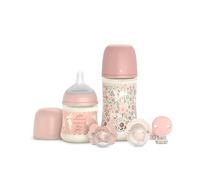 Suavinex, Coffret Cadeau Nouveau-né avec Biberons Anti-coliques 150 ml Débit Lent + 270 ml Débit Moyen + 2 Sucettes 0/6 Mois avec Téterelle Physiologique SX Pro + Attache-sucette. Wonderland Rosa