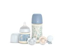 Suavinex, Coffret Cadeau Nouveau-né avec Biberons Anti-coliques 150 ml Débit Lent + 270 ml Débit Moyen + 2 Sucettes 0/6 Mois avec Téterelle Physiologique SX Pro + Attache-sucette. Wonderland Bleu