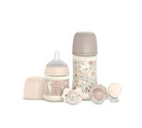 Suavinex, Coffret Cadeau Nouveau-né avec Biberons Anti-coliques 150 ml Débit Lent + 270 ml Débit Moyen + 2 Sucettes 0/6 Mois avec Téterelle Physiologique SX Pro + Attache-sucette. Wonderland Beige