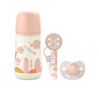 Suavinex, Coffret Cadeau Nouveau-Né SX Pro, pour Bébés 0-6 Mois. Contient un Biberon Débit Moyen (M) 270 ml + Sucette SX Pro en Silicone 0/6 Mois + Attache - Sucette avec Ruban. Coffret Biberon Rose