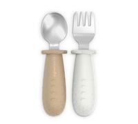 Suavinex, Couverts d'Apprentissage Bébé, Pack Cuillère et Fourchette en Acier Inox, Manche en Silicone Antidérapant, Ergonomiques, Sûrs, BLW, Bébés +6 Mois, Passe Lave-Vaisselle, Beige