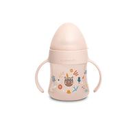 Suavinex, First Biberon à Anses, Tasse d'Apprentissage avec Bec Souple en Silicone. Biberon d'Apprentissage avec Système Anti-Colique. 150 ml. +4 Mois. Forêt Rose